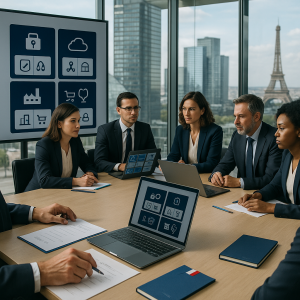 Photographic, editorial image in a modern Paris office at dusk with a view of