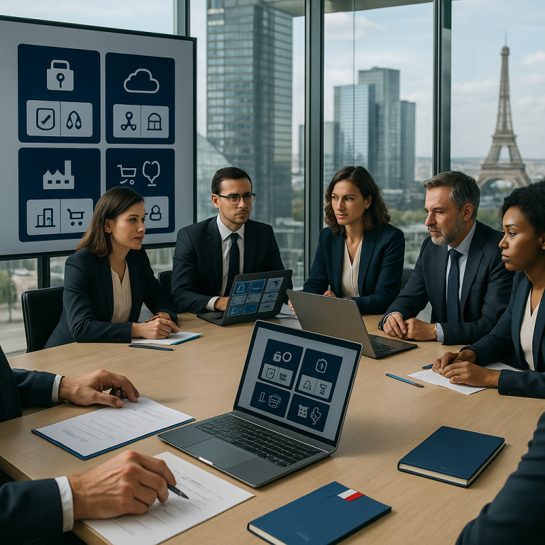 Photographic, editorial image in a modern Paris office at dusk with a view of