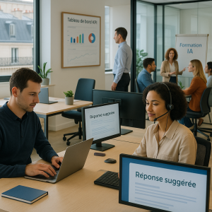 Editorial photo in a modern French office where workers use generative AI: an admin