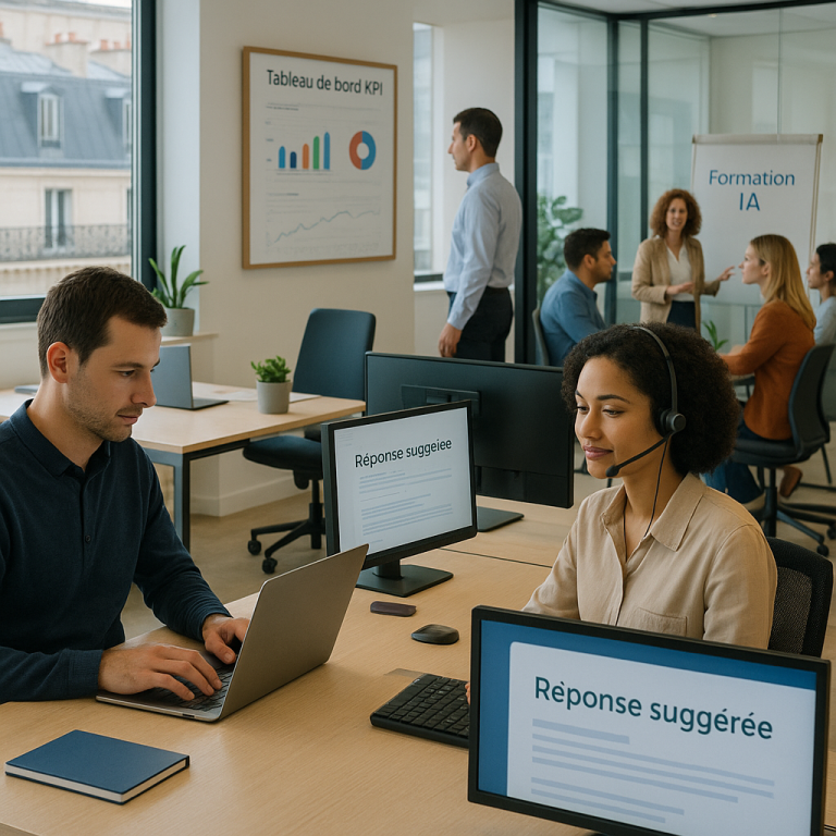 Editorial photo in a modern French office where workers use generative AI: an admin
