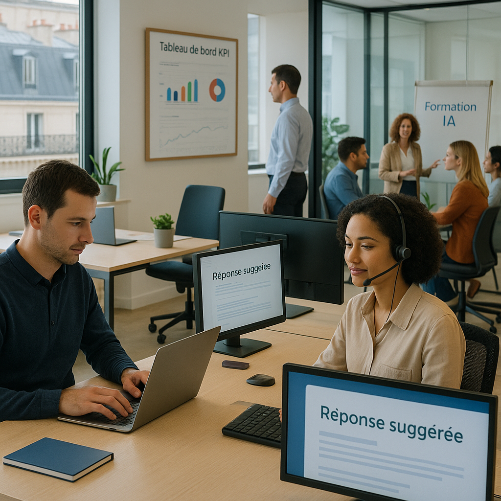 Editorial photo in a modern French office where workers use generative AI: an admin