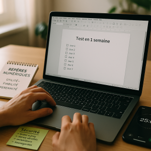 Bureau lumineux et épuré : un ordinateur portable affiche en français une checklist Test