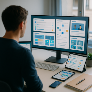 Over-the-shoulder view of a startup founder at a minimalist desk using multiple screens to