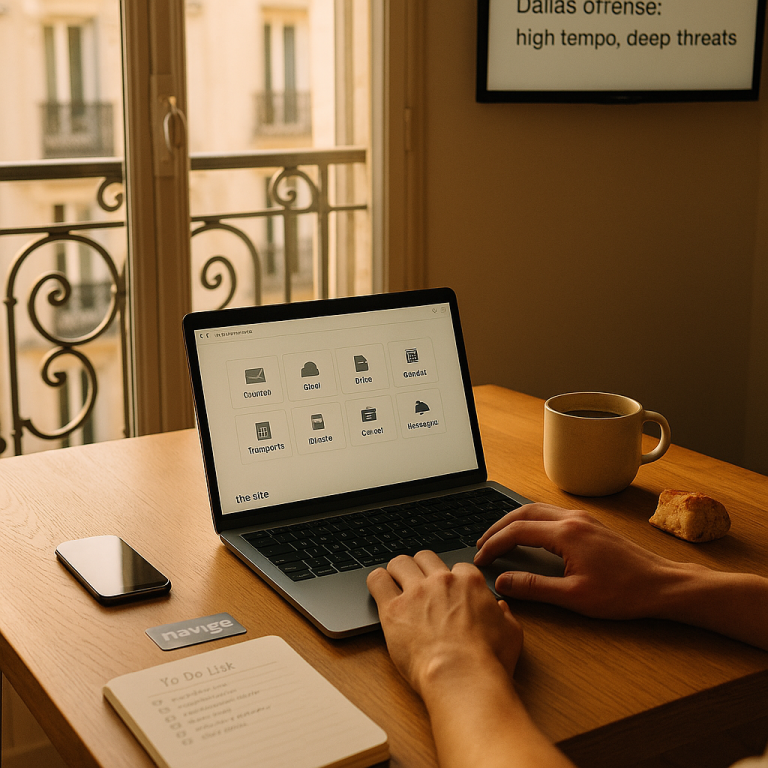 Paris apartment table in morning light with a laptop showing generic French-labeled free apps,