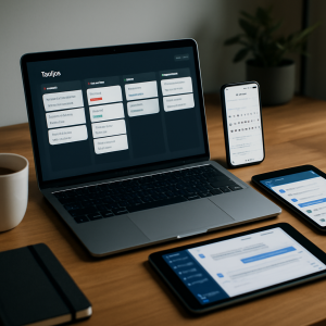 An organized digital workspace with a laptop, tablet, and smartphone displaying task management, calendar,