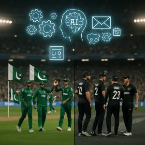 A conceptual photo illustrating AIs role in managing cricket matches through the imagery of