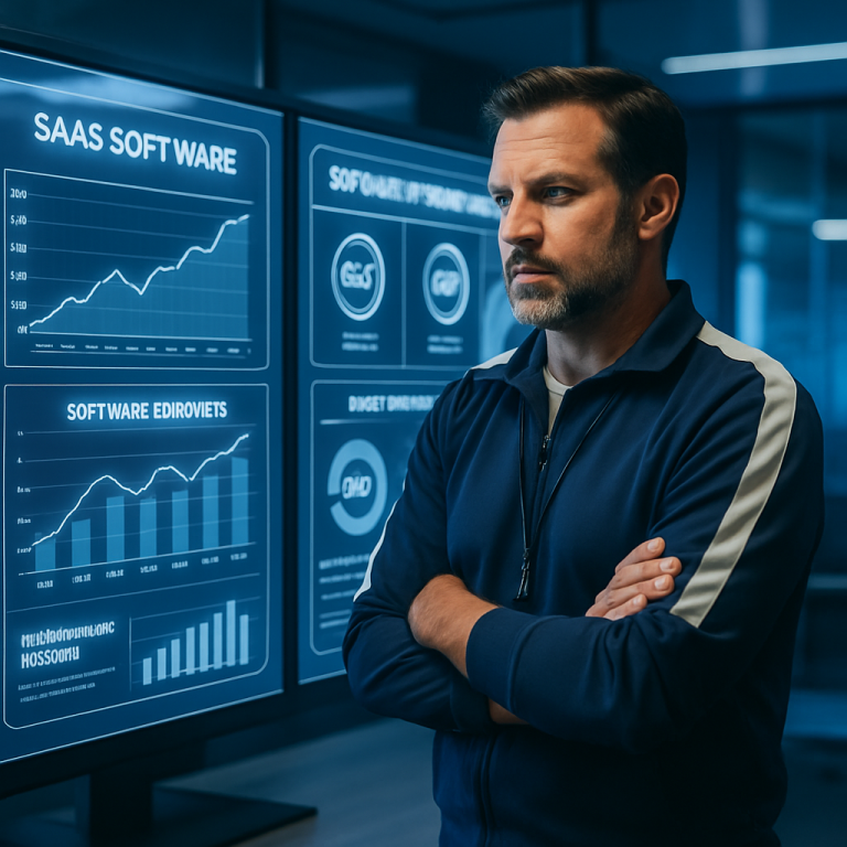 An analytical decision-making process for selecting SaaS software depicted with a coach-like figure, emphasizing