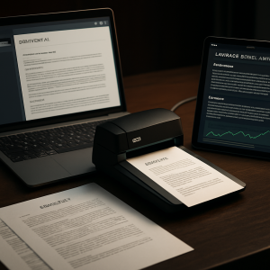 A sleek modern office desk with technology analyzing documents using AI.