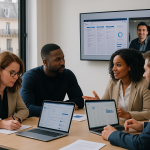 Une équipe française compare des outils collaboratifs autour d’une table dans un bureau lumineux.