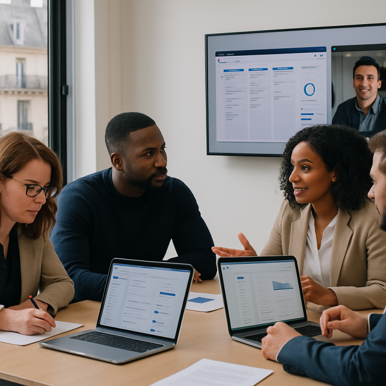 Une équipe française compare des outils collaboratifs autour d’une table dans un bureau lumineux.