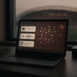 Photoreal photo of a minimalist desk with a laptop automating admin tasks, overlaid with