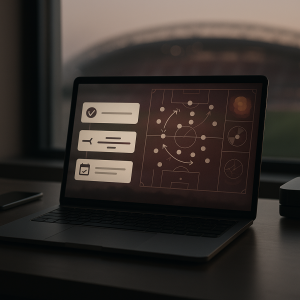 Photoreal photo of a minimalist desk with a laptop automating admin tasks, overlaid with