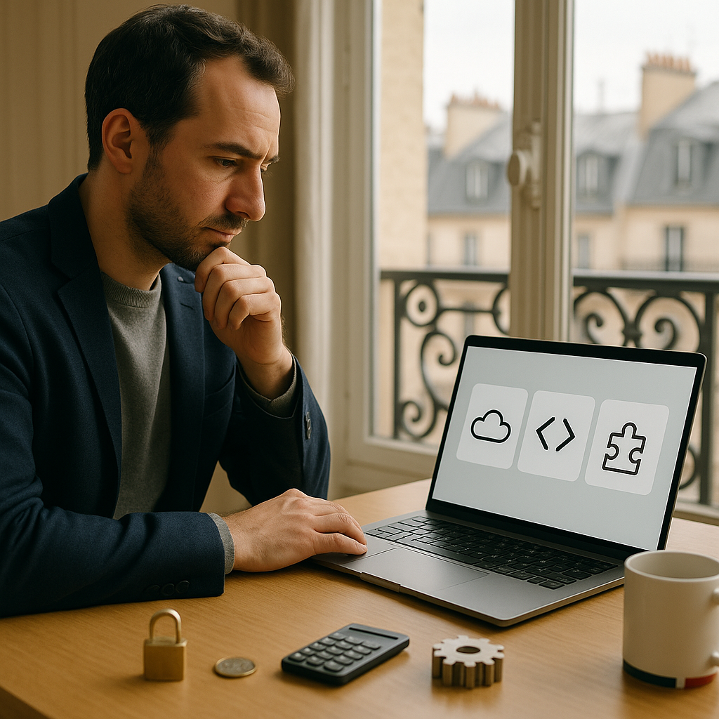 Photo d’un·e propriétaire de PME française dans un bureau parisien, comparant des options de