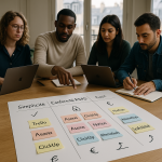 Photograph of a small French team in a Paris office reviewing a French comparison