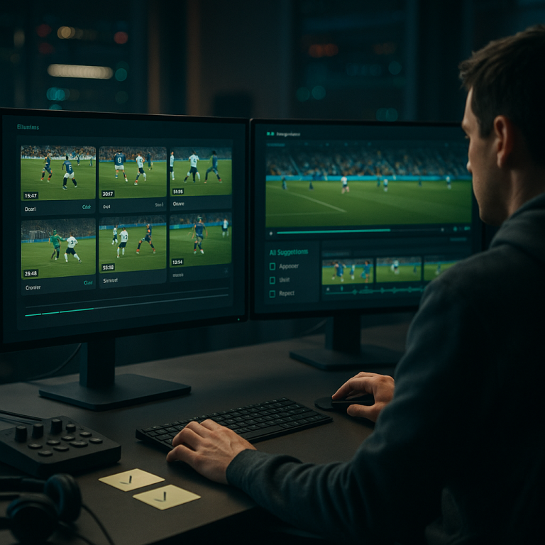 Over-the-shoulder photo of a sports video editor verifying AI-generated soccer highlights on dual monitors