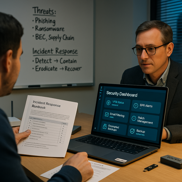 Deux professionnels de PME examinent un tableau de bord de sécurité et un plan