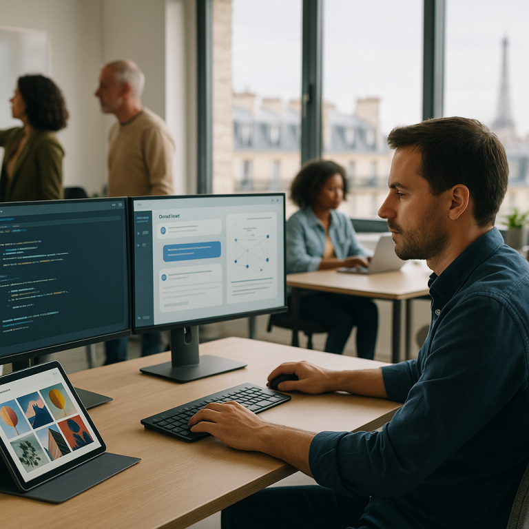 Modern Paris office scene where a diverse team uses generative AI for coding, customer