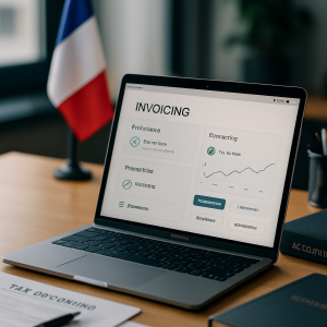 A close-up of a tablet displaying a French online invoicing app, with visible icons