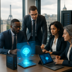 Professionally dressed individuals in a modern French office, showcasing AI integration while ensuring data