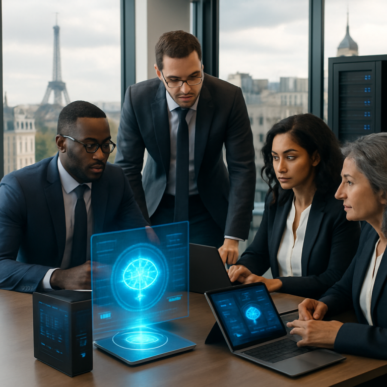 Professionally dressed individuals in a modern French office, showcasing AI integration while ensuring data